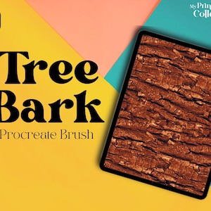 May include: A digital illustration of tree bark texture on a tablet screen. The tablet is on a yellow, pink, and blue background. The text "Tree Bark Procreate Brush" is on the yellow background.