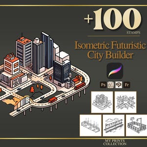 May include: Isometric Futuristic City Builder graphic with a cityscape illustration, featuring buildings, roads, and vehicles. The image includes the text "+100 STAMPS" and "Isometric Futuristic City Builder". The Procreate app icon is also visible.