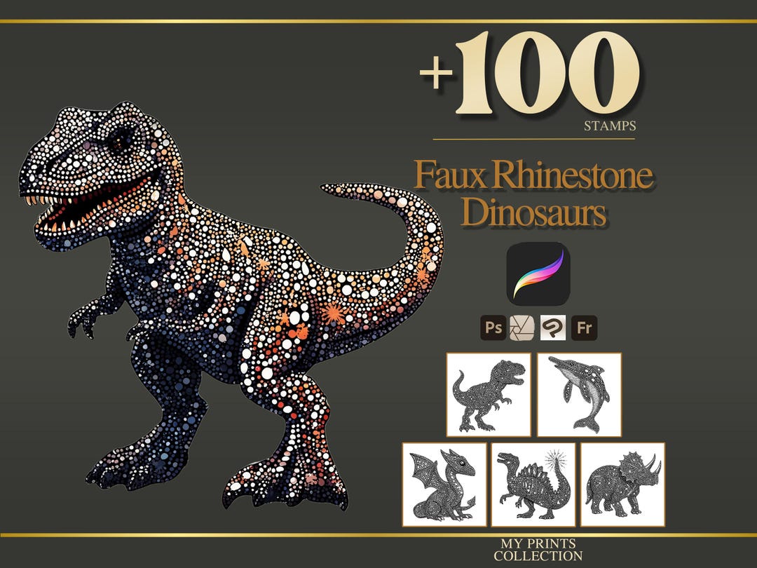 Faux Rhinestone Dinosaurs Procreate Stamps & Photoshop Brushes – 100 ...