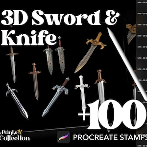 Puede incluir: Una ilustración digital de una colección de espadas y cuchillos 3D, con el texto "3D Sword & Knife" y "My Prints Collection" en la parte inferior. La imagen también incluye el texto "+100 Procreate Stamps".
