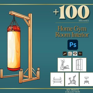 May include: A digital illustration of a punching bag hanging from a wooden stand, accompanied by text reading +100 BRUSHES Home Gym Room Interior Ps. The graphic includes icons for an elliptical, a cabinet, a bench, a stationary bike, and a stool.