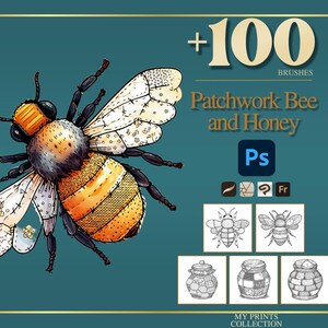Könnte beinhalten: Illustration einer Biene mit Patchwork-Flügeln und -Körper, mit dem Text "Patchwork Bee and Honey" und "+100 Brushes". Die Biene ist in Orange, Gelb, Schwarz und Weiß auf einem türkisblauen Hintergrund dargestellt.