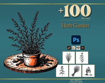 Herb Garden Collection Photoshop Brushes & Procreate Stamps, 100+ Botanical Herb Stamps, Cottagecore Kitchen Digital Download