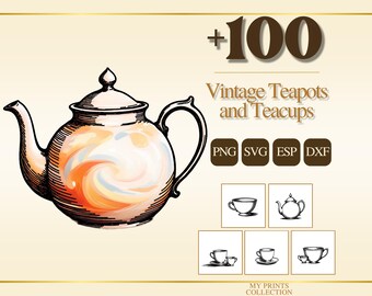 May include: A digital graphic collection featuring a large, illustrated teapot with orange and white swirls, accompanied by the text +100 Vintage Teapots and Teacups, PNG, SVG, ESP, DXF, and smaller black and white line art icons of teapots and teacups.