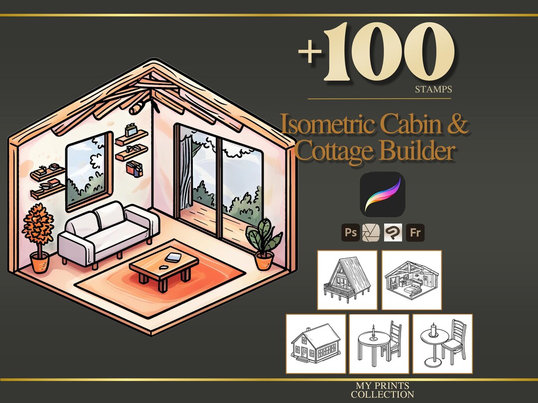 Isometric Cabin and Cottage Builder Procreate Stamps & Photoshop ...