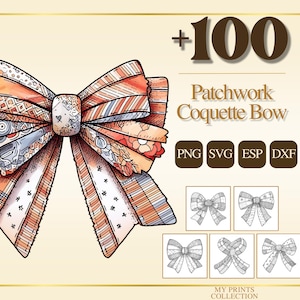 Könnte beinhalten: Aquarell-Illustration einer Patchwork-Coquette-Schleife mit Mustern in Orange, Weiß und Blau. Der Text "+100 Patchwork Coquette Bow" und Dateityp-Symbole sind ebenfalls enthalten.