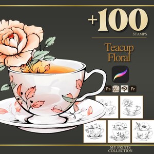 Timbri Teacup Floral Procreate e pennelli Photoshop: oltre 100 tatuaggi floreali, illustrazioni, disegni al tratto, stencil e pennelli.