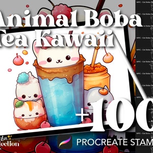 100+ Procreate Tier Boba Tee Kawaii Briefmarken, Getränk Getränkeblase Katze Hund Fuchs Panda, digitaler Download, digitale Kunst Versorgung, Procreate Pinsel