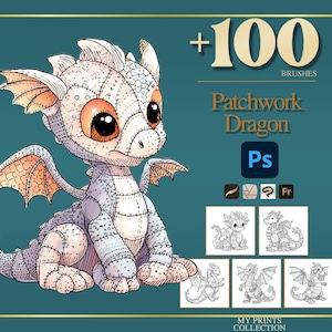 Könnte beinhalten: Digitale Illustration eines Patchwork-Drachen mit großen orangefarbenen Augen und detaillierten Nähten. Das Bild enthält den Text "+100 Brushes" und "Patchwork Dragon Ps". Darunter befinden sich mehrere Strichzeichnungen von Drachen.