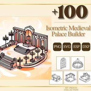 Pode incluir: Gráfico Isometric Medieval Palace Builder com uma ilustração estilizada de um interior de palácio. A imagem inclui o texto "+100 Isometric Medieval Palace Builder" e ícones de tipo de arquivo. O design apresenta um palco, arcos e iluminação decorativa.
