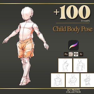 Op de afbeelding: Digitale kunstprint met een schets van een kinderlichaamshouding, met een oranje short en een lichte huidskleur. De afbeelding bevat de tekst "+100 STAMPS Child Body Pose" en software-iconen.