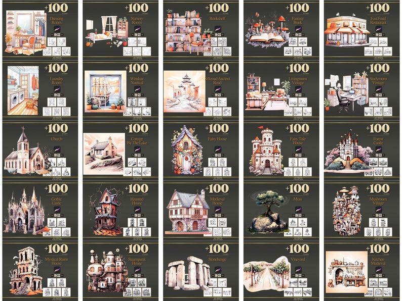 Peut inclure: Une collection d'illustrations &agrave; l'aquarelle repr&eacute;sentant diverses sc&egrave;nes architecturales et paysag&egrave;res. Les images incluent une &eacute;glise, une maison de f&eacute;es, un ch&acirc;teau et une repr&eacute;sentation de Stonehenge, entre autres. Chaque image porte la mention "+100".