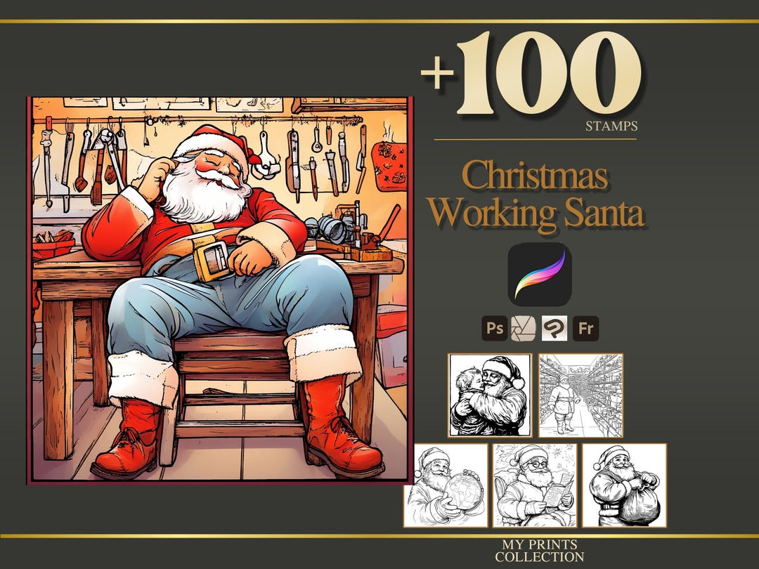 Christmas Working Santa Procreate Stamps & Photoshop Brushes – 100 ...