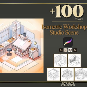 May include: Isometric workshop studio scene illustration with a drafting table, cabinets, and a stool. The image includes the text "+100 STAMPS" and "Isometric Workshop Studio Scene". Additional icons and sample scenes are also shown.
