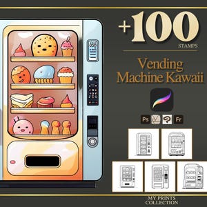 Vending Machine Kawaii Procreate Stamps & Photoshop Brushes – 100+ Chibi Bold Easy Cute Tattoo, Illustration, Line Art, Stencil, Brush Pack