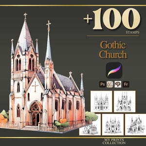 Church Gothic Procreate Stamps & Photoshop Brushes – 100+ Place House Landscape Magical Whimsical Tattoo, Illustration, Stencil, Brush Pack