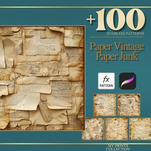 May include: A digital art collection with over 100 seamless vintage paper patterns. The image displays a collage of aged paper fragments with handwritten text, suitable for digital art projects. The text on the image reads "Paper Vintage Paper Junk".
