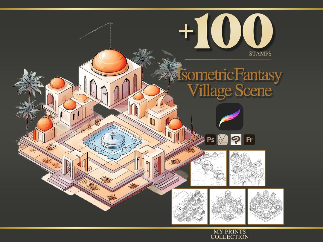 Isometric Fantasy Village Scene Procreate Stamps & Photoshop Brushes ...