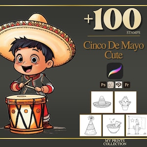 Cinco De Mayo Cute Procreate Stamps & Photoshop Brushes – 100+ Mexican Fiesta Cute Easy Cute Tattoo, Line Art, Stencil, Brush Pack
