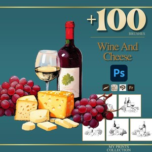 Könnte beinhalten: Illustration einer Weinflasche, eines Glases Weißwein, roter Trauben und Käse auf türkisblauem Hintergrund. Der Text "Wine And Cheese" und "+100 Brushes" ist ebenfalls enthalten.