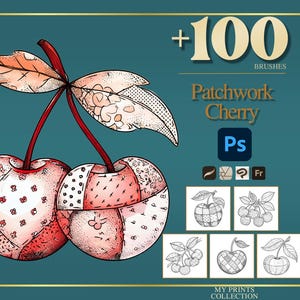 Può includere: Illustrazione digitale di due ciliegie con un design patchwork nei toni del rosso e del rosa, con foglie e steli dettagliati. L'immagine include il testo "+100 BRUSHES" e "Patchwork Cherry" con icone di Photoshop e diverse illustrazioni di ciliegie.