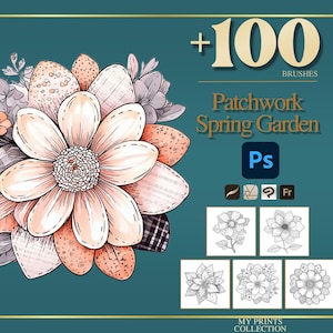 Könnte beinhalten: Digitale Grafik mit einer großen, stilisierten Blume mit pfirsichfarbenen und weißen Blütenblättern, umgeben von anderen floralen Elementen. Der Text lautet "+100 Brushes" und "Patchwork Spring Garden" mit Photoshop- und anderen Design-Tool-Symbolen. Enthält Blumenumrissbeispiele.
