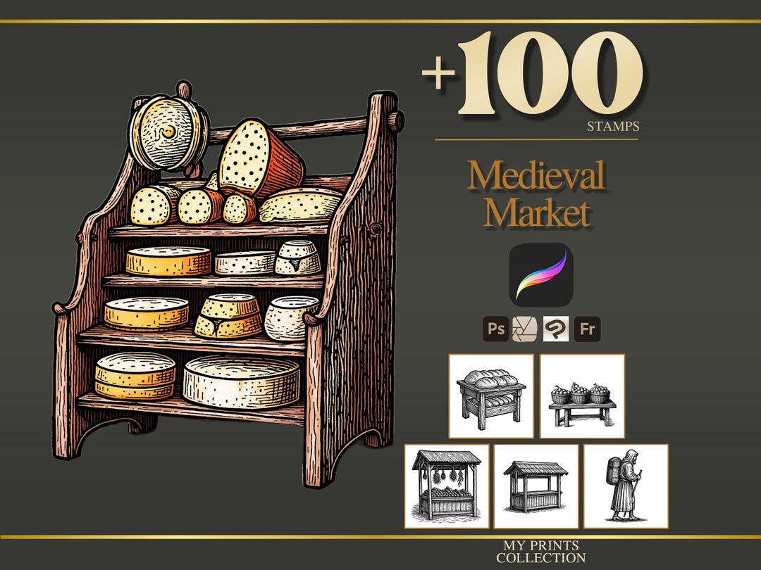 Market Medieval Procreate Stamps & Photoshop Brushes – 100+ Woodcut ...