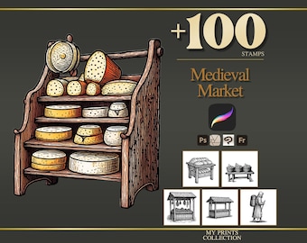 Market Medieval Procreate Stamps & Photoshop Brushes – 100+ Woodcut Tattoo, Digital Art, Clipart, Line Art, Brush Pack