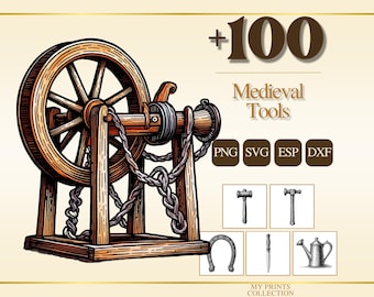 Tools Medieval PNG Bundle – 100+ Woodcut Cricut & Silhouette Files, SVG, DXF, Eps – Line Art, Stencil, Digital Craft