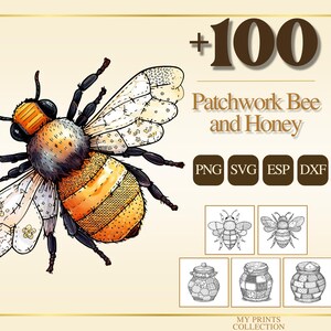 Könnte beinhalten: Digitale Illustration einer Patchwork-Biene mit orangefarbenen, gelben und schwarzen Streifen. Das Bild enthält den Text "+100 Patchwork Bee and Honey" und Dateiformat-Symbole. Zusätzliche Illustrationen von Bienen und Honiggläsern sind ebenfalls zu sehen.
