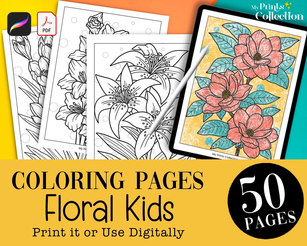 50 Floral Kids Coloring Pages Printable PDF + Procreate Digital ...