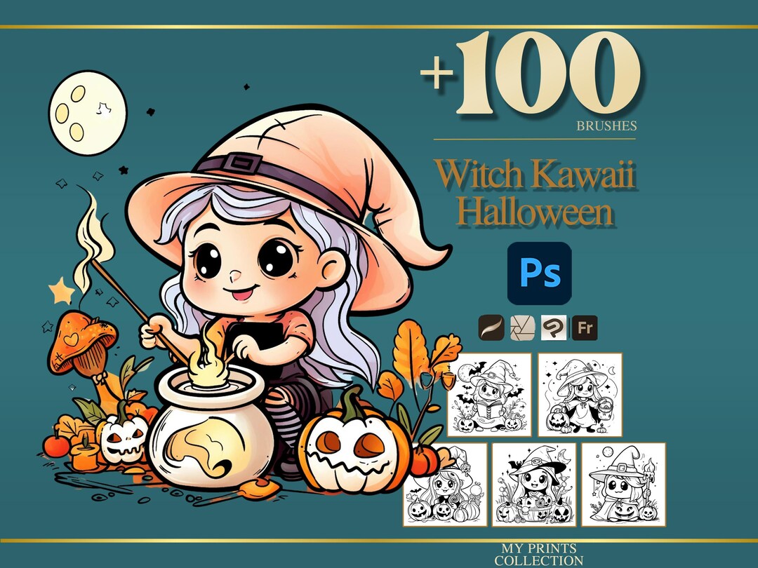 Witch Kawaii Halloween Photoshop Brushes & Procreate Stamps – 100 ...