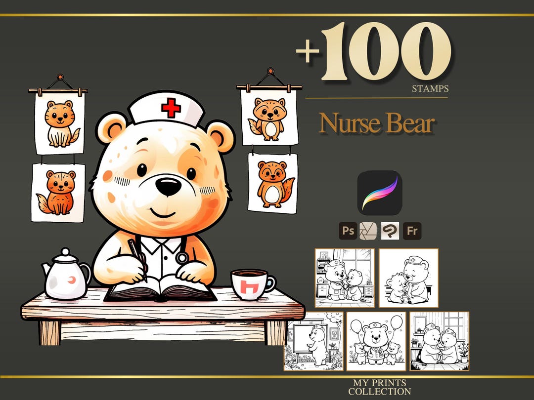 Nurse Bear Procreate Stamps & Photoshop Brushes – 100+ Bold Easy Cute ...