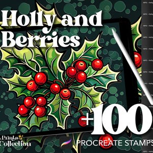 Más de 100 sellos de acebo y bayas para Procreate, Magic Snow Christmas Xmas Winter, descarga digital, material de arte digital, pincel para Procreate