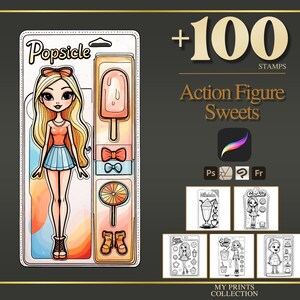 Sellos para Procreate y pinceles para Photoshop de Action Figure Sweets: más de 100 criaturas fantásticas para tatuajes, ilustraciones, dibujos lineales, plantillas y paquete de pinceles.