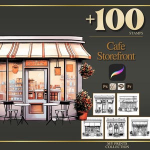 Sellos para Procreate y pinceles para Photoshop con diseño de escaparate de cafetería: más de 100 diseños de interiores: tatuajes, ilustraciones, dibujos lineales, plantillas y pinceles.