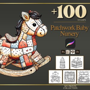 Baby Nursery Patchwork Procreate Stamps & Photoshop Brushes – 100+ Fashion Quilt Texture, Tattoo, Digital Art, Clipart, Line Art, Brush Pack