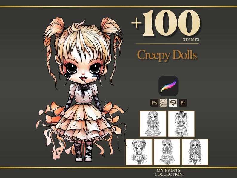 Creepy Doll Halloween Procreate Stamps & Photoshop Brushes – 100 ...