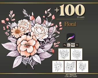 Floral Procreate Stempel & Photoshop Pinsel - 100+ Tattoo Realistische Blume Botanisch, Illustration, Line Art, Schablone, Pinselpaket