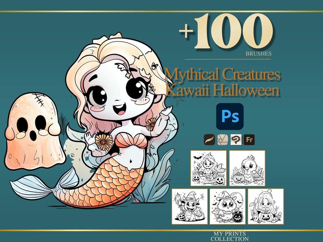 Mythical Creatures Kawaii Halloween Photoshop Brushes & Procreate ...