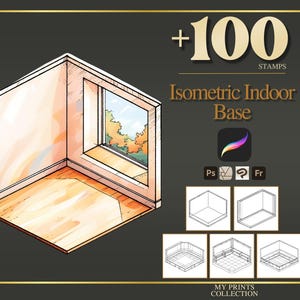 Pode incluir: Ilustração de uma base interior isométrica com vista para uma janela. A imagem inclui o texto "+100 STAMPS" e "Isometric Indoor Base". Abaixo estão ícones para Procreate, Photoshop e um ponto de interrogação.