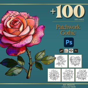 Gothic Patchwork Photoshop Brushes & Procreate Stamps - 100+ Fashion Quilt Texture, Tattoo, Digital Art, Clipart, Line Art, Schablone