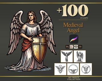 Angel Medieval Procreate Stamps & Photoshop Brushes – 100+ Woodcut Tattoo, Digital Art, Clipart, Line Art, Brush Pack