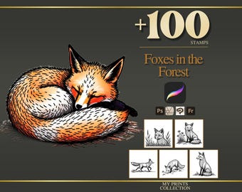 Foxes in the Forest Procreate Stamps, 100+ Woodland Forest Animal Brush Set, Cottagecore Hand Drawn Tattoo Digital Download iPad