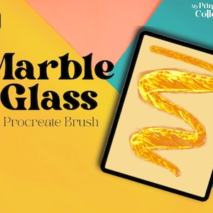 May include: A digital illustration of a yellow marble glass brush stroke on a tablet screen. The tablet is on a yellow, pink, and blue background. The text "Marble Glass Procreate Brush" is on the left side of the image.