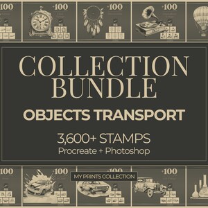 Op de afbeelding: Afbeelding van een collectiebundel met de tekst "COLLECTION BUNDLE OBJECTS TRANSPORT 3,600+ STAMPS Procreate + Photoshop". De afbeelding toont illustraties van diverse objecten, waaronder een vliegtuig en een klok.
