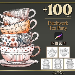 Könnte beinhalten: Ein Stapel von fünf Teetassen mit Patchwork-Designs in verschiedenen Farben, darunter Rosa, Orange und Blau. Das Bild enthält den Text "Patchwork Tea Party" und "+100 STAMPS".