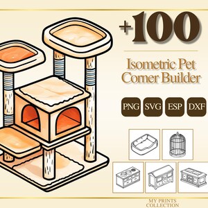 Op de afbeelding: Isometrische illustratie van een kattenboom met meerdere platforms, een schuilplaats en krabpalen. De afbeelding bevat de tekst "+100 Isometric Pet Corner Builder" en pictogrammen voor bestandstypen. Extra lijntekeningen van huisdieraccessoires worden ook getoond.