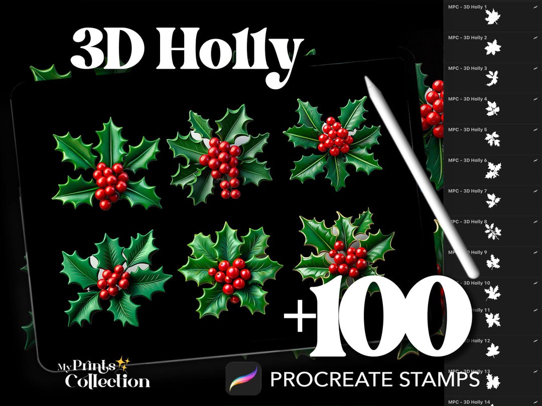 3D Holly Dual Color Procreate Stamp Brushes - 100+ Stamps Brushset for ...