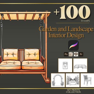 Könnte beinhalten: Eine digitale Illustration einer Holzschaukel mit beigen Kissen, mit dem Text +100 STAMPS Garden and Landscape Interior Design, Symbolen für Procreate, Photoshop und andere Software sowie fünf kleinen Beispielen für Strichzeichnungen.